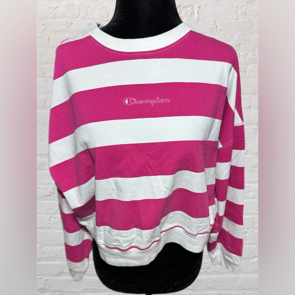 Champion Pink & White Stripped Cropped Long Sleeve Embroidered Logo Top Size Sm